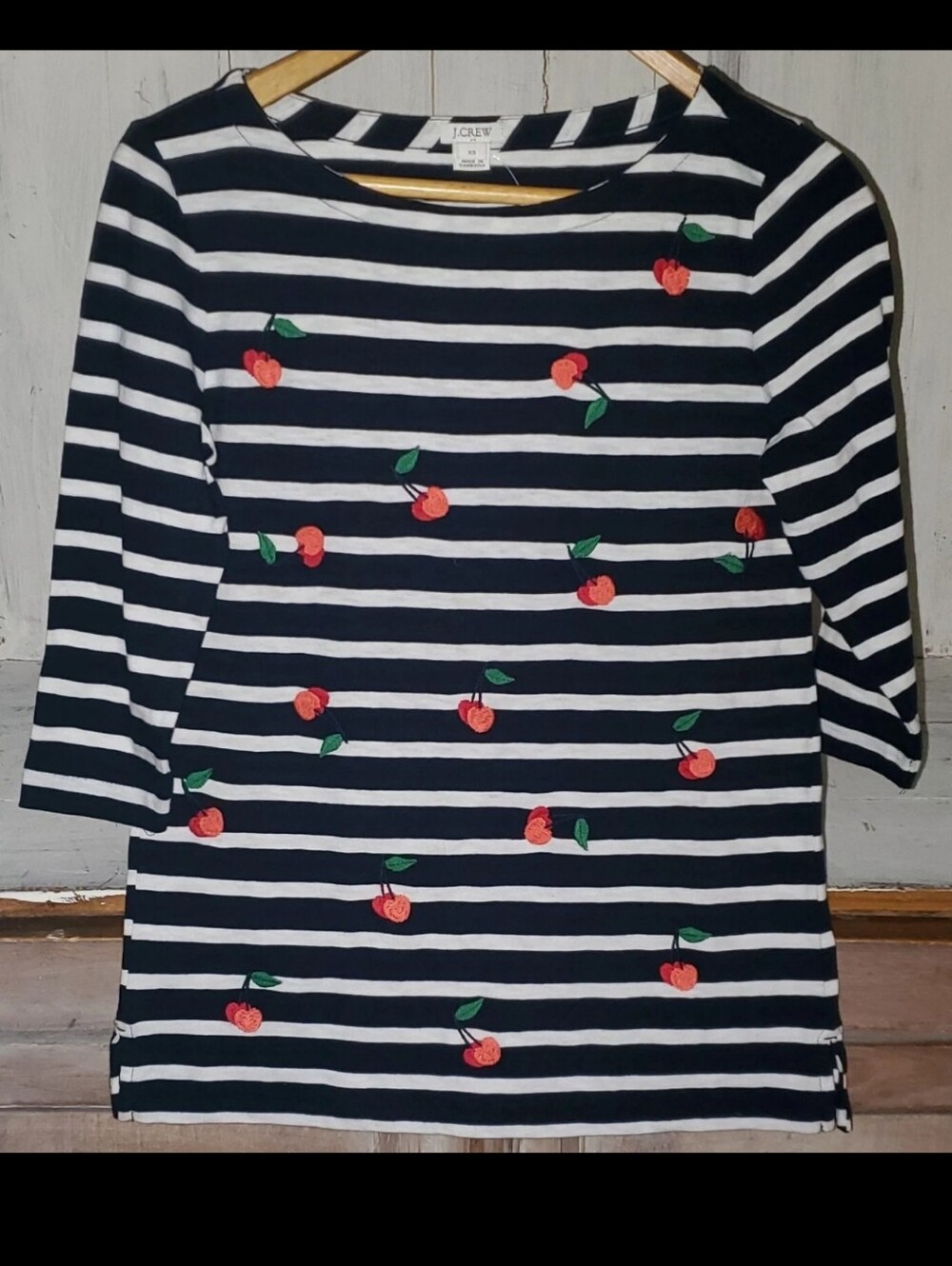 J. Crew Navy and White Striped Long-Sleeve Top with Cherry Embroidery 3/4 Sleeve